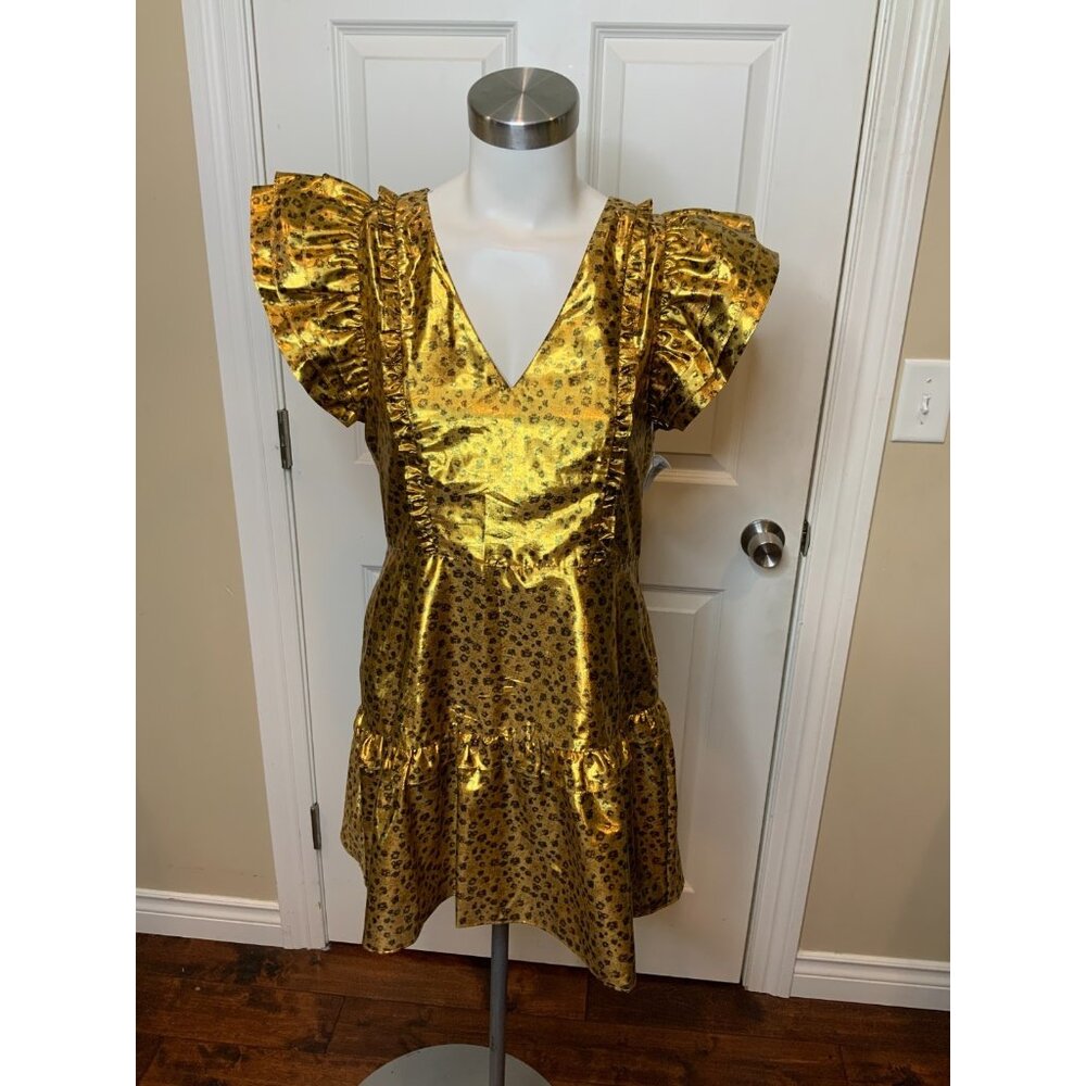 LoveShackFancy Zoya Dress Metallic Safari Gold Ruffle, Size 6, New!